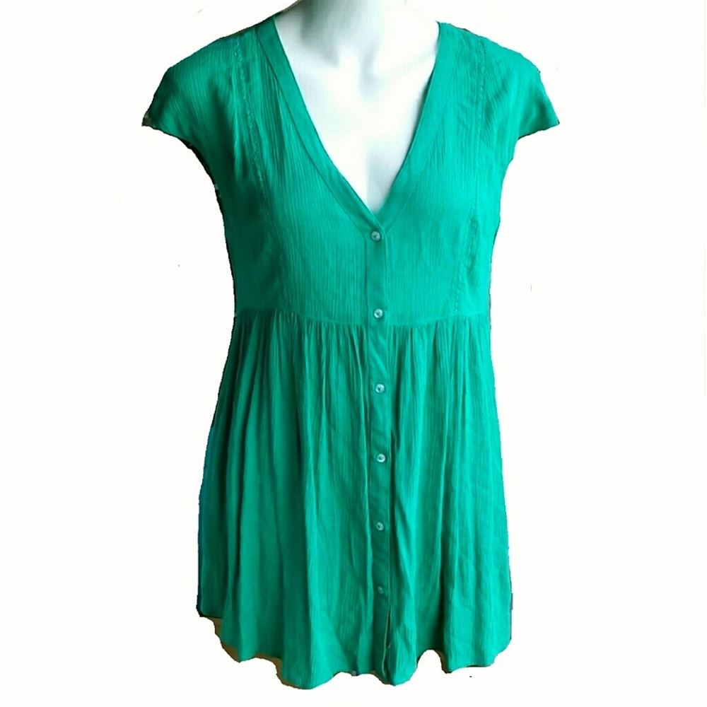 Anthropologie Vanessa Virginia Green Boho Tunic Vneck Top Size Small